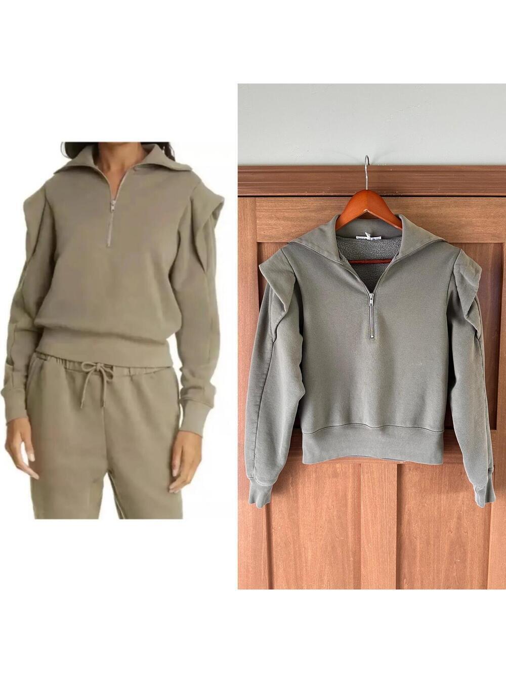 FRAME Sporty 1/2 Zip Sweatshirt Ruffle Shoulders in Military Green Women’s XS